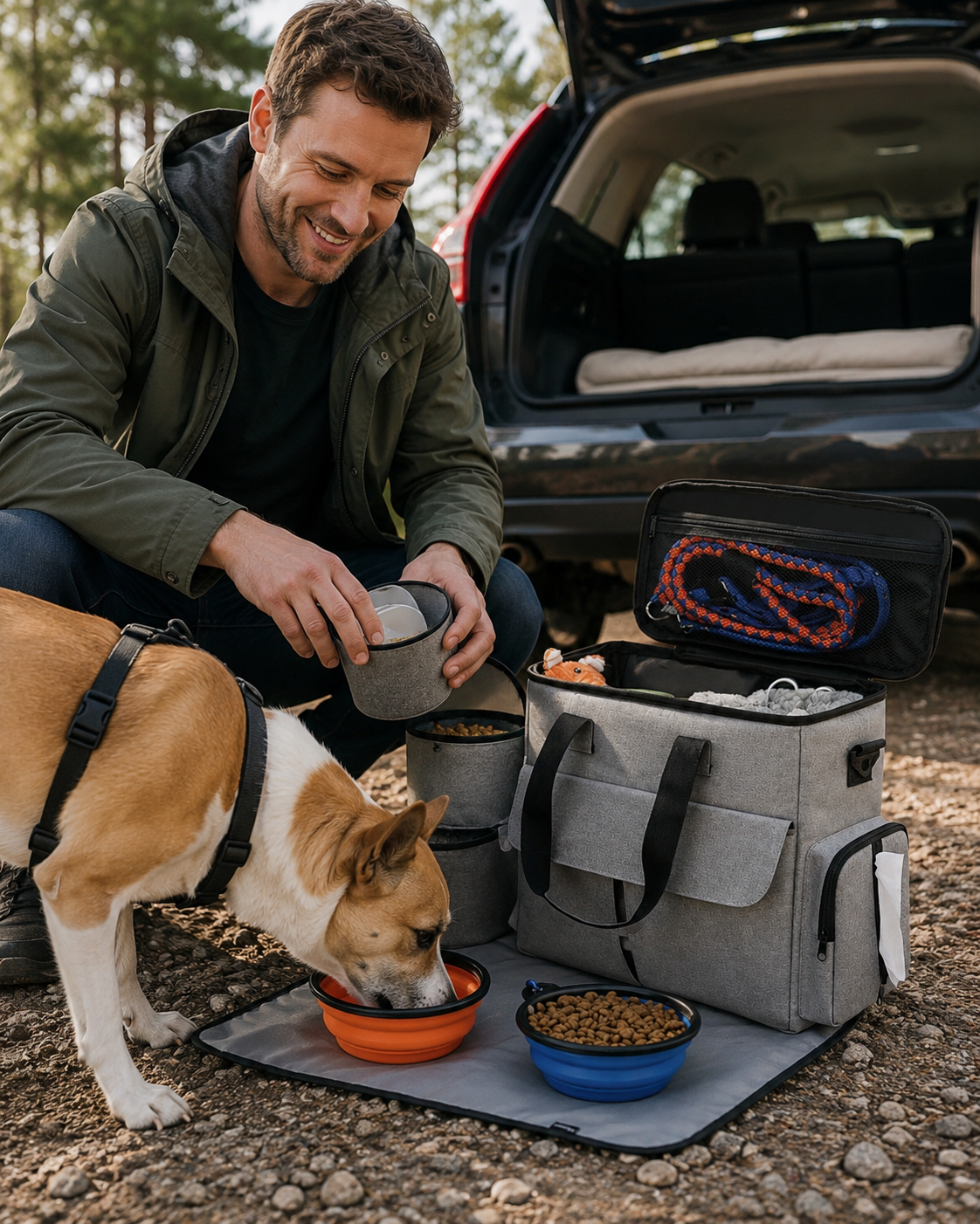 6-Piece Premium Dog Travel Kit — Bag, Bowls, Pouches & Mat